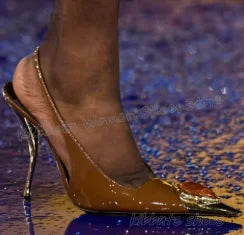 Crystal Metal Decor Pumps Genuine Leather Slip-On Mixed Color Fashion Elegant Concise Sexy Luxury Women Shoes Thin Heels Pointy
