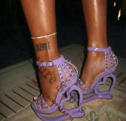 Hot Pink Spike Stud Caged Heart Cutout Wedge Sandals Gloss Patent Ankle Buckle Hollow Sculptural Platform Heels Y2K Trend Sandal