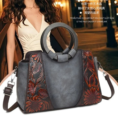 2026 New Vintage Chinese Leather Carved Leather Handbag Women Embossed Versatile Cheongsam One-shoulder Crossbody Mother Bag