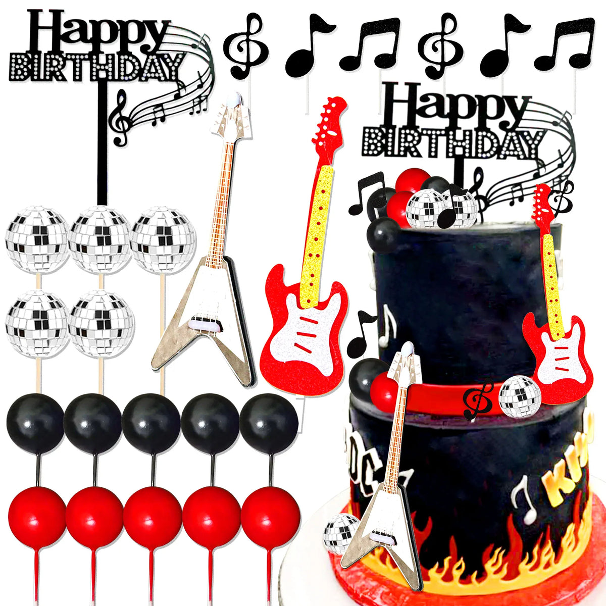 LaVenty Rock Music Cake Topper Black Red Balls Guitar Cake Toppers Music Notes Balls Cake Decoration for Musician Birthday Party