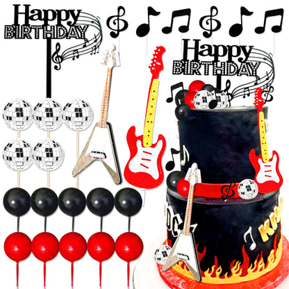 LaVenty Rock Music Cake Topper Black Red Balls Guitar Cake Toppers Music Notes Balls Cake Decoration for Musician Birthday Party