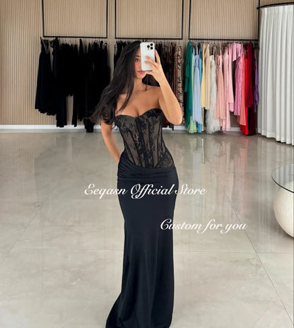 Eeqasn Customized Matching Fashion Jersey Formal Evening Gowns Mermaid Strapless Corset Bodice Prom Dresses Floor-Length Pastrol