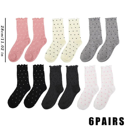 6 Pairs Korean Style Ruffle Edge Socks for Women 6 Pairs Polka Dot Crew Socks High Elastic Breathable Stackable Mid Calf Socks