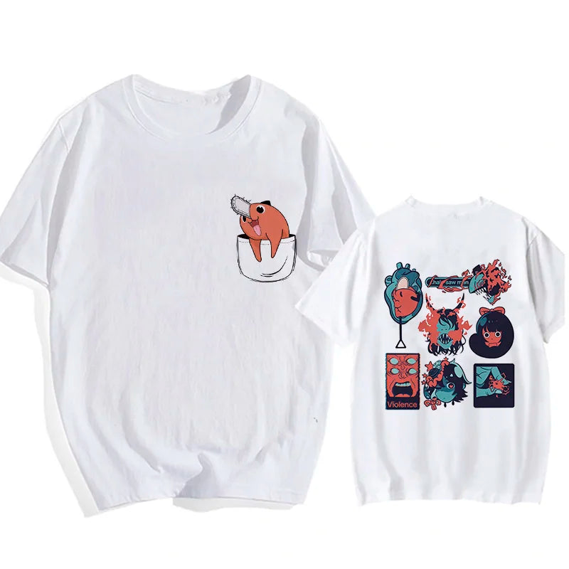90s Japanese Anime Chainsaw Man T Shirt Cartoon Pochita T-shirt Makima Harajuku Graphic Tees Unisex Clothing Tops Tshirt Manga