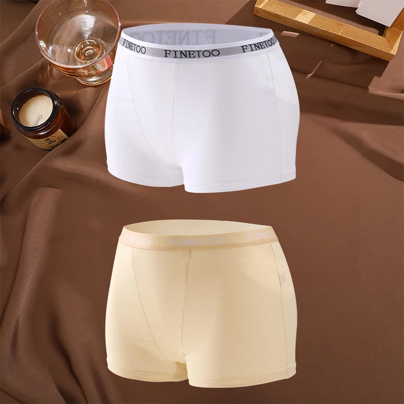 FINETOO 2Pcs/Set Low Waist Women's Underwear Cotton Boxer Plus Size Short Pants For Lady Sexy High Stretch Underwear S-XXL Brief