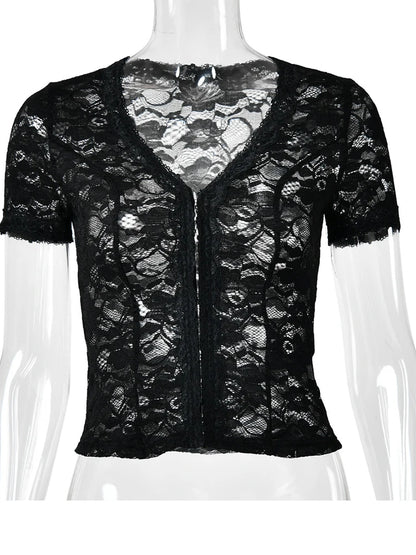 JULISSA MO Sexy Deep V-neck Sheer Lace Women T-shirt Black Short Sleeve Floral T-shirt Summer Skinny Casual Vacation Streetwear