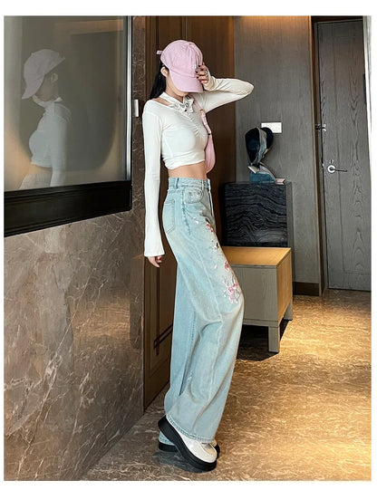 French Pink Flower Embroidered Jeans Women Spring and Autumn New High Waist Fashion Slim Wide-Leg Pants Embroidered Straight Pan