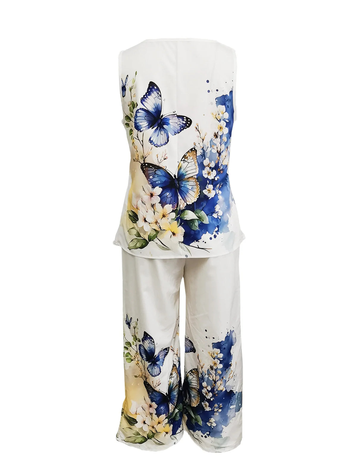 Women's Butterfly & Floral Pants Set | Sleeveless Top & Wide-Leg Pants | Casual Outings & Travel