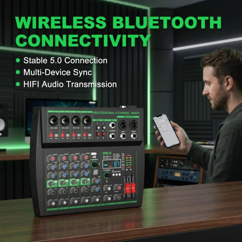 MW-6 Black 6-Channel Audio Mixer with Noise Reduction DJ Console | Bluetooth & USB Playback, Portable Controller Mixer, DSP 99 Preset Effects, Live Streaming, Podcasting, Home Party