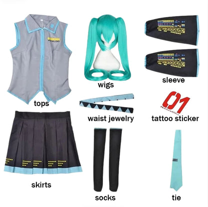 Miku Cosplay Costume Green Ponytail Wig Anime Virtual Singer Role Playing Uniform Girl Party Comic Con Outfits Tops Skirt Props