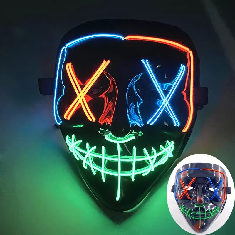 Wireless LED Neon Purge Mask & Fiber Optic Gloves, Scary Glow In Dark Mask for Halloween Carnival Cosplay Bar Birthday Party