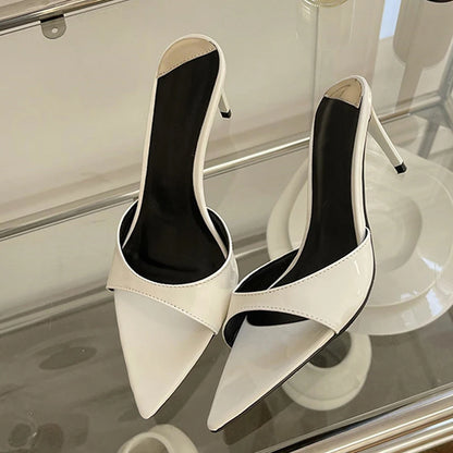 Liyke Summer Fashion Low Thin Heels Women Slippers Gladiator Sandals Cozy Patent Leather Pointed Toe Slip-On Slides Shoes Mules