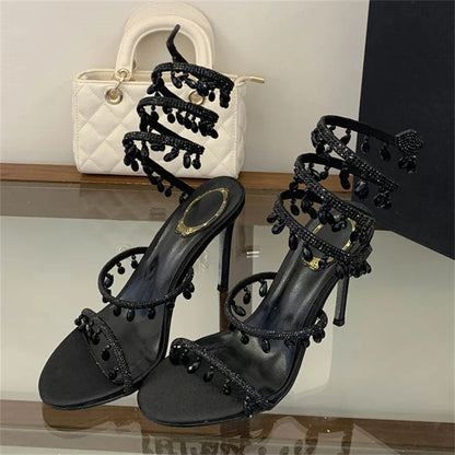 Eilyken Sexy Design Pendant Crystal Diamond Thin High Heels Women Sandals Street Style Ankle Strap Banquet Prom Shoes