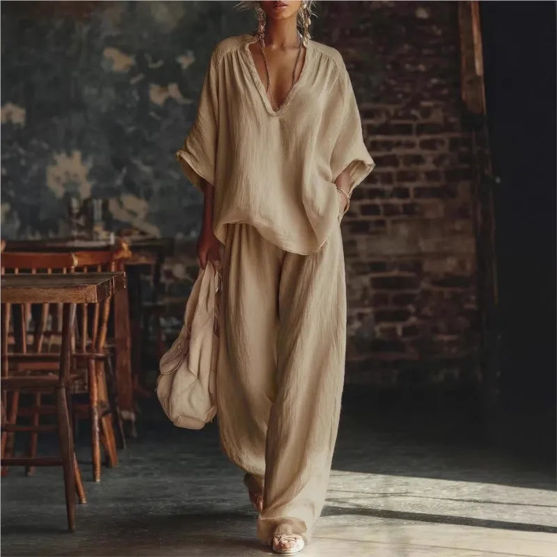 Women's Fashion Simple Casual White Two Piece Sets Spring Summer V Neck Short Sleeve Loose Top & Wide Leg Pants Vacation Set