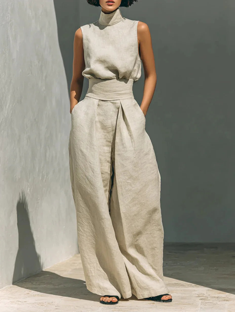 2026 Women 2 Piece  Outfit, Sleeveless High Neck Blouse & High Waist Wide Leg Pants Set, Elegant Office Commuter Matching Suit W
