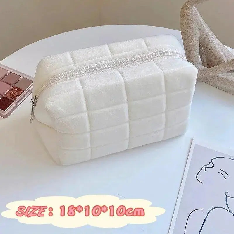 Solid Furry Large Cosmetic Storage Bag Zipper Makeup Organizer Multi‑Purpose Travel Toiletry Pouch Women Handbag Stationery Pencil Case Daily Gift Supply