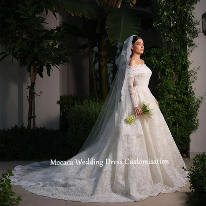 Mocaca Customized White Off the Shoulder Wedding Dresses Lace Long Sleeves Elegant Court Train Bridal Gowns A-Line Wedding Gowns
