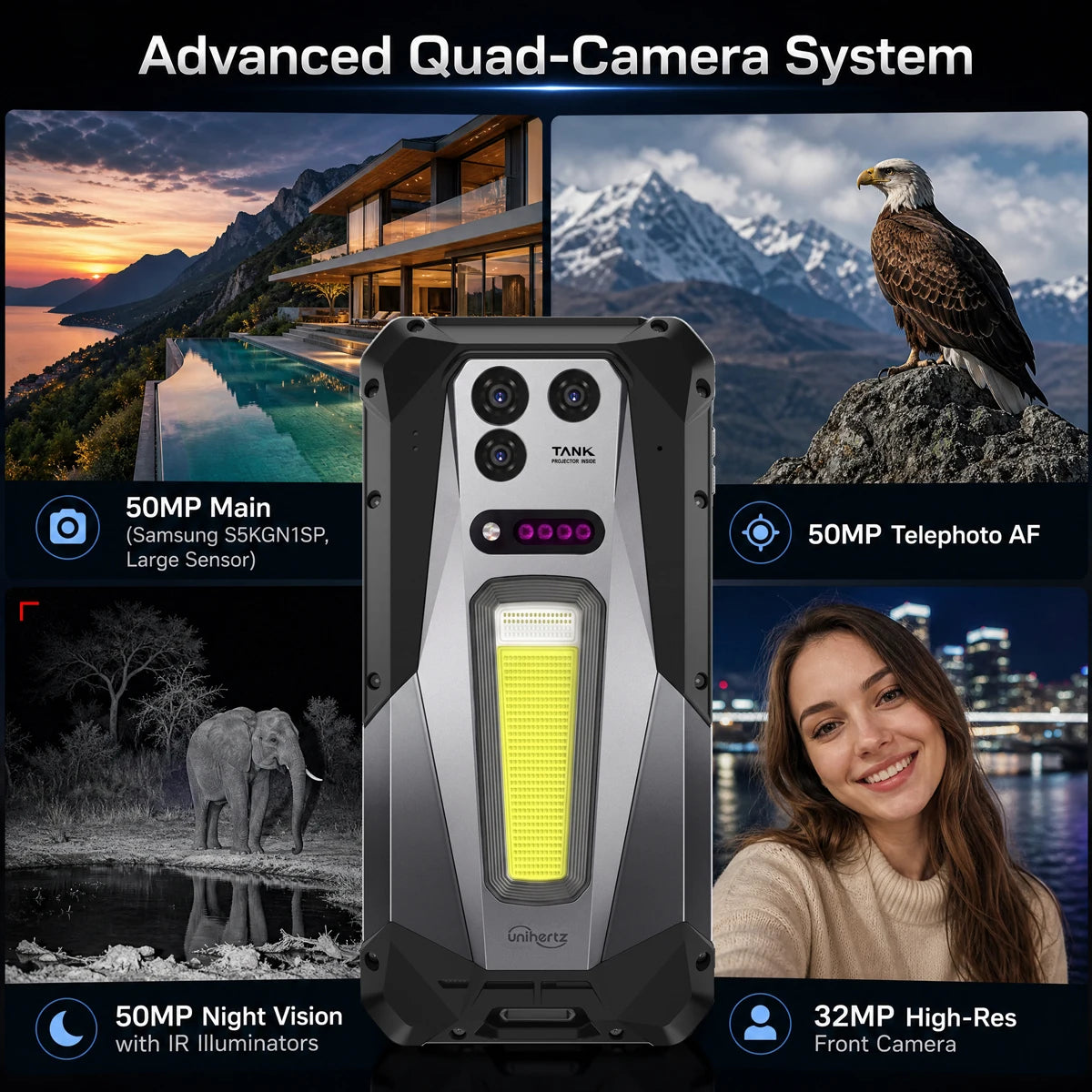Unihertz 8849 TANK 5 Rugged Smartphone - World's First 2K Projector 9400e CPU 3K AMOLED 18GB+512GB 17600mAh Support eSIM WiFi 7