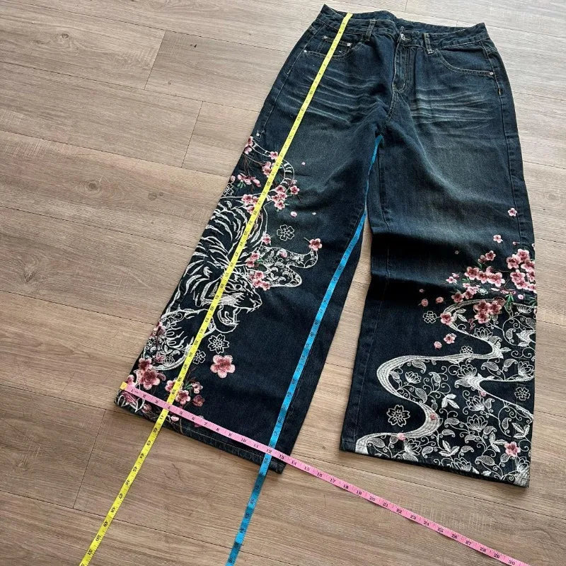 American New Fashion Cherry Blossom Letter Pattern Embroidered Baggy Jeans Women Y2K Gothic Popular Straight Wide-leg Trousers
