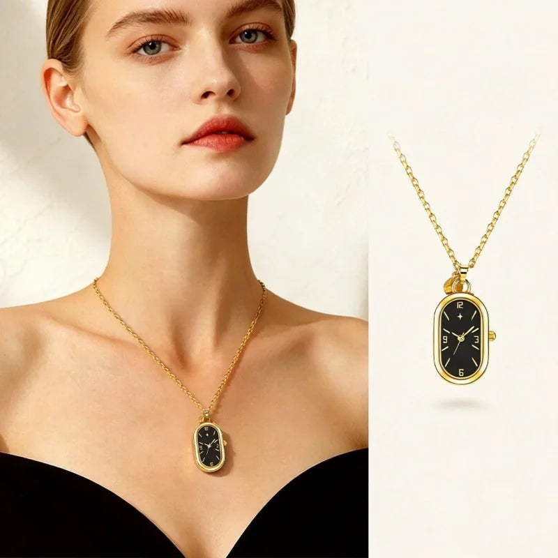 Women's Pendant Watch Oval Necklace Elegant Quartz Pocket Watch Fashion Jewelry Luxurious and Compact Valentine's Day Gift