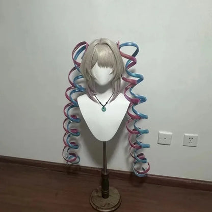 Handmade Ame Laser Double Ponytails Hairclip Anime KAngel Rain Cosplay Wig Shiny Ribbon Pink Blue Hair Halloween Roleplay Props