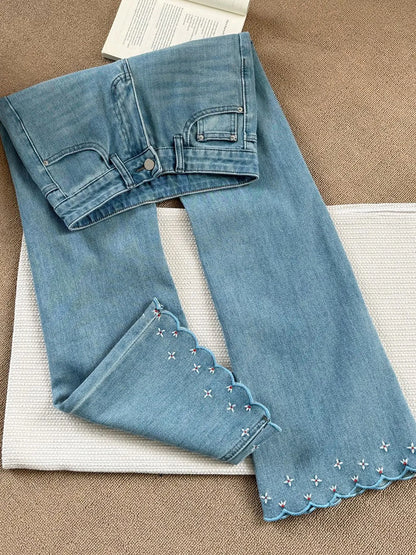 Blue Embroidered Floral Micro Flared Jean Women's Spring Summer High Waist Slim Denim Trousers Versatile Ankle-length Pants