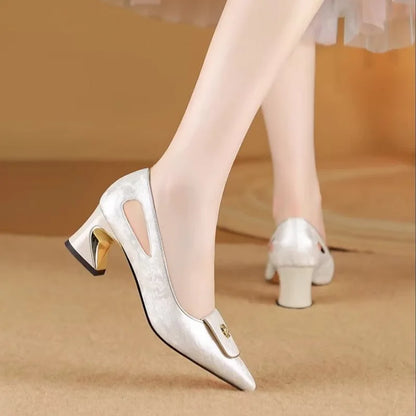 Women's Pumps Pointed Toe Mid Chunky Heels - Elegant Slit Sides & Metal Buckle, Comfortable Concise Dress Shoes for Ladies