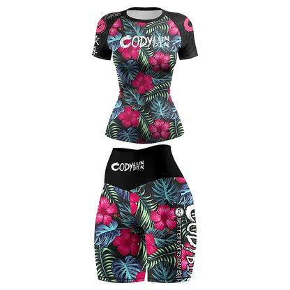 Flower Print Women Rash Guard Gym Clothes MMA Compression Yoga Wear Jiu Jitsu Rashguard T-shirt+Pants Boxing Grappling 4pcs/Sets