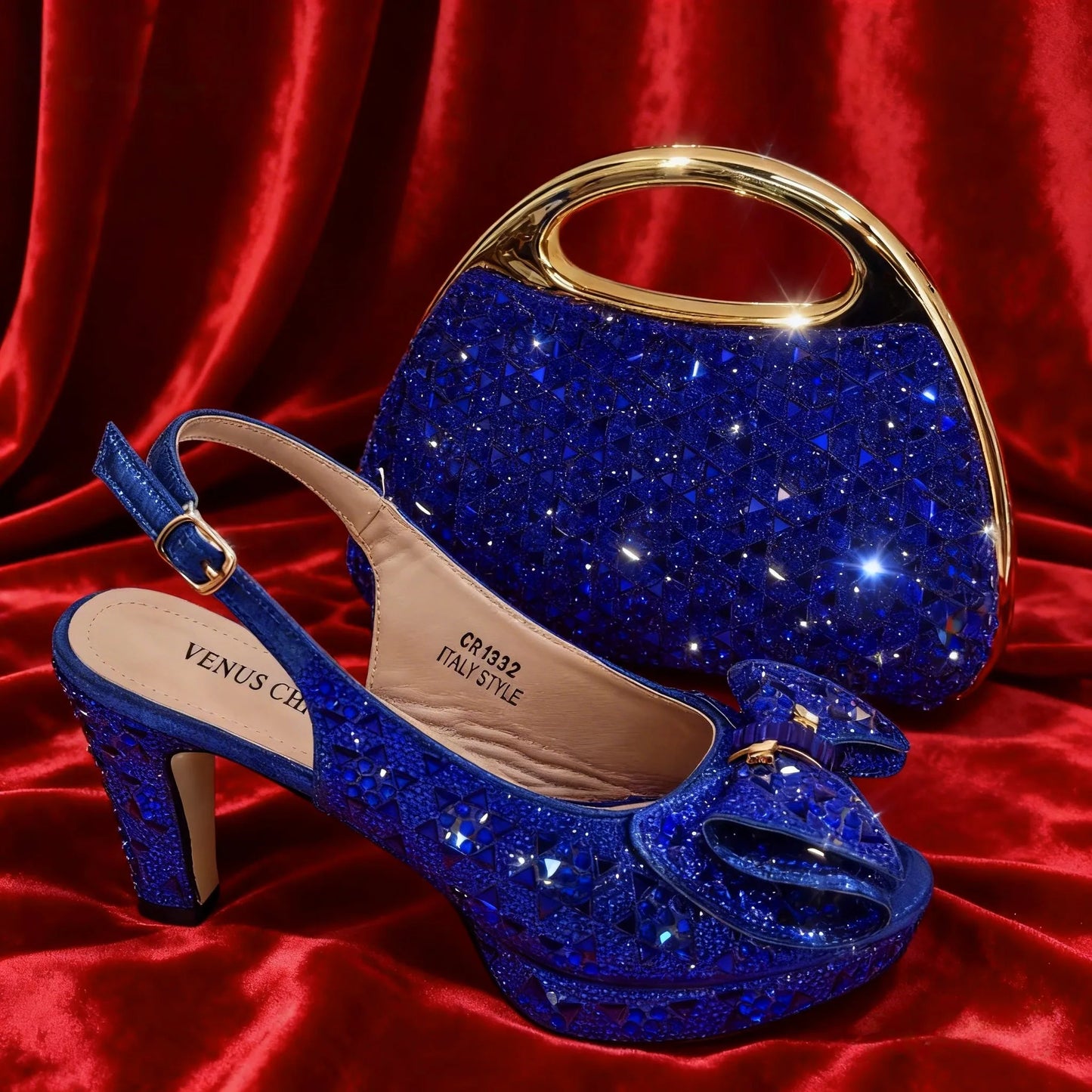 Venus Chan 2026 Elegant Women's Rhinestone Peep Toe High Heels Sandals - Italian Design with Matching Blue Handbag
