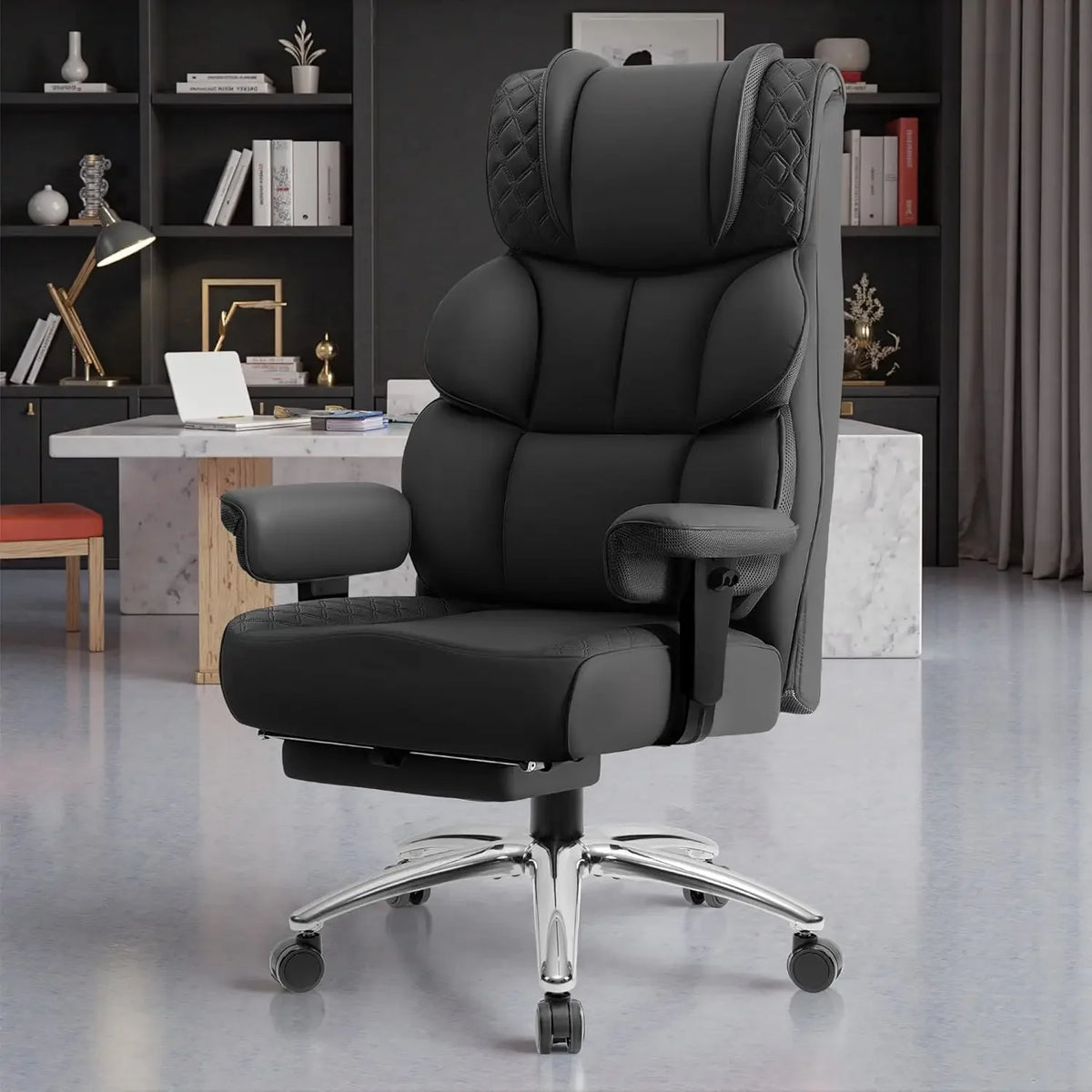 Office Desk Chair, Big and Tall Leather Gaming Chair with Footrest, Ergonomic Comfy Executive High-Back Reclining Computer