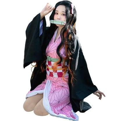 Animn Kamado Nezuko Cosplay Costume Kimono Cosplay Wigs Hairs Halloween Carnival Women Outfit
