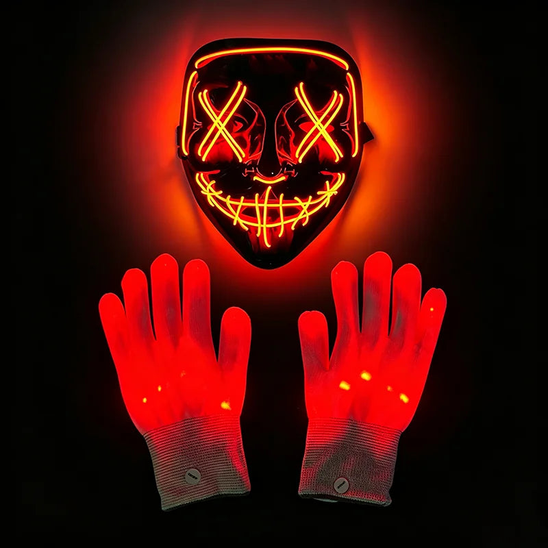 Wireless LED Neon Purge Mask & Fiber Optic Gloves, Scary Glow In Dark Mask for Halloween Carnival Cosplay Bar Birthday Party