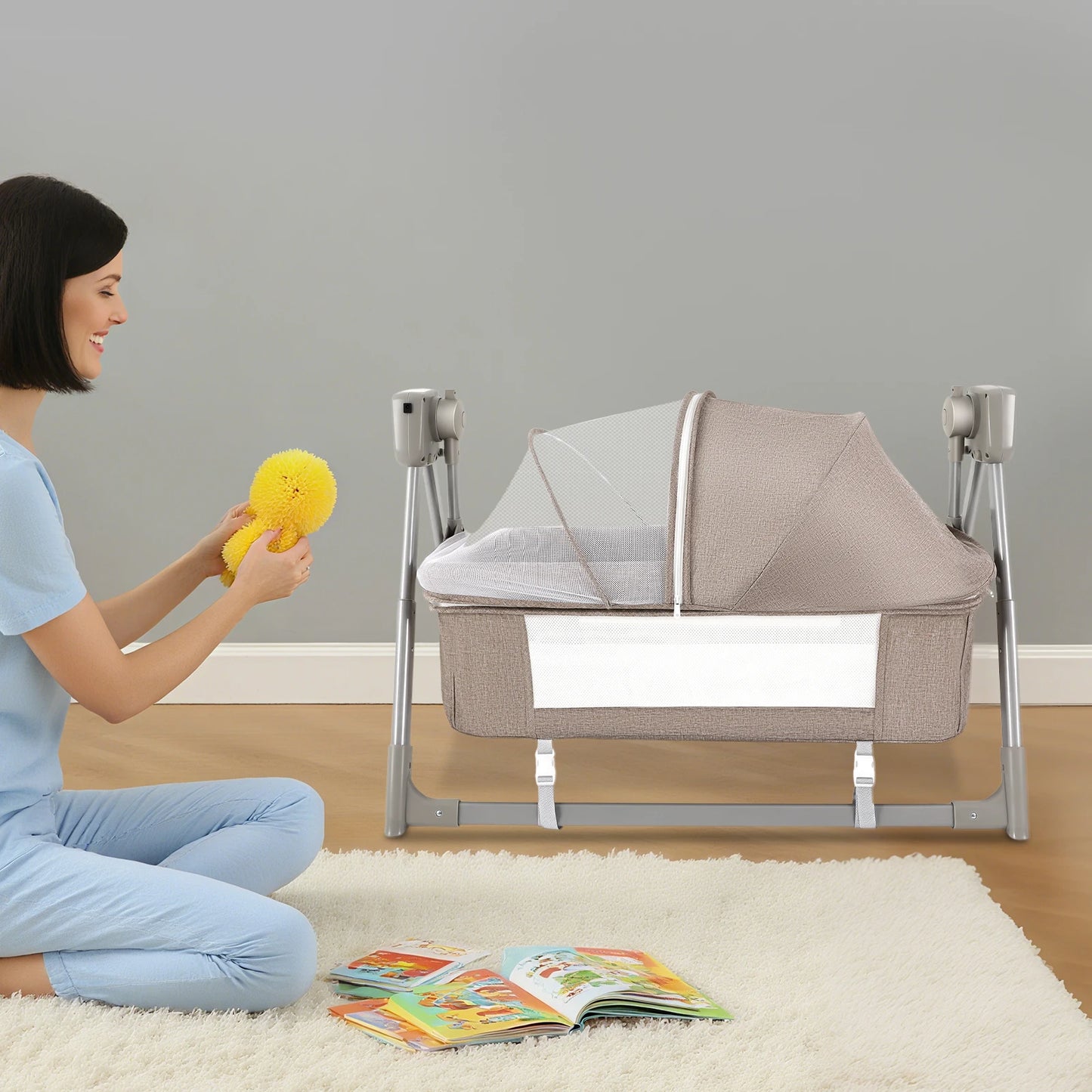 Baby Cradle Swing with Music, 5 Speed Electric Crib Auto Rocking Chair Bed, Foldable Baby Rocker for 0-36 Months, Khaki