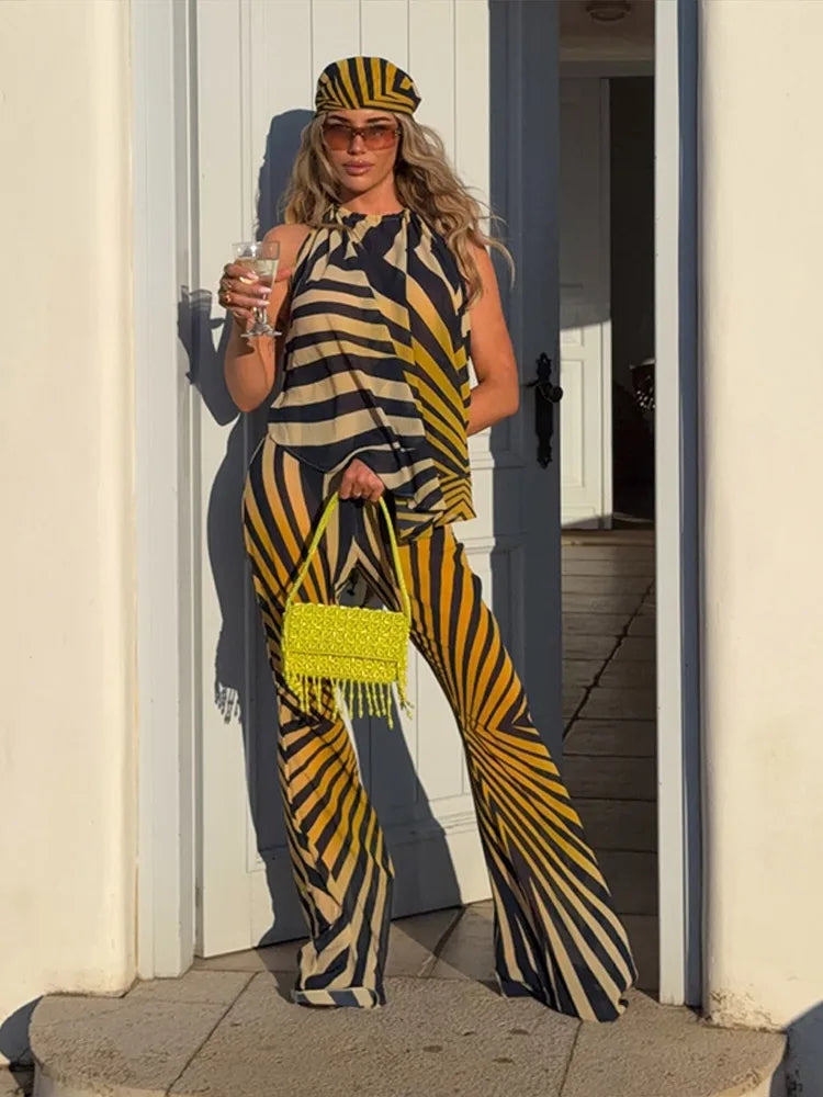 Striped Printed Women's Vest Trousers Suit Sleeveless Backless Halter Top Long Pants Lady Set 2026 Summer Autumn Female Sets New