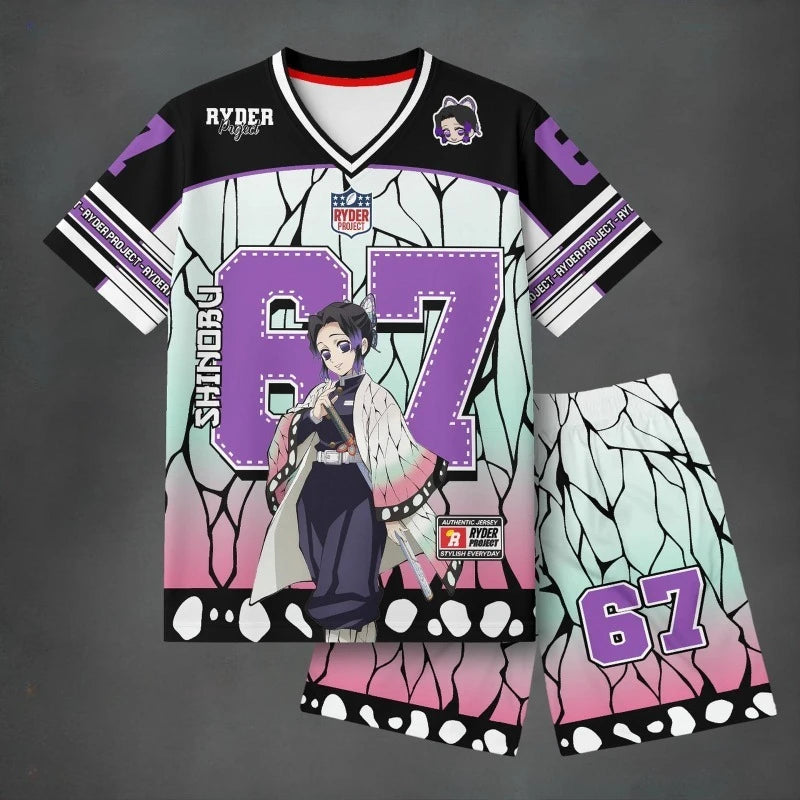 Demon Slayer Shinobu Kocho #67 Jersey 2-Piece Set Men's Anime Butterfly Wing Short Sleeve Tee and Shorts Casual Streetwear