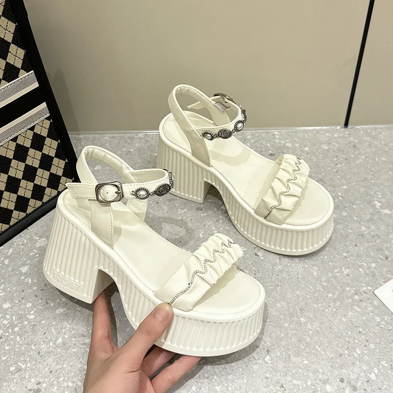 Fujin 10cm PU Synthetic Microfiber Leather Peep Toe Shoes Bling Rhinestone Platform Wedge Fashion Slippers Women Sandals Pumps
