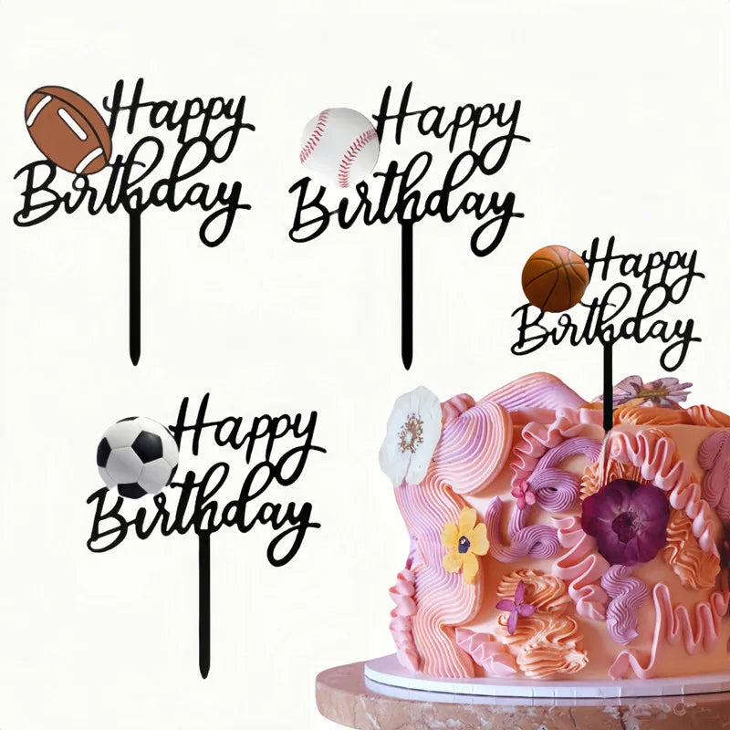 New Football Happy Birthday Cake Topper Decoration Basketball Tennis Rugby Acrylic Kids Party Gift Cake Toppers Baking Supplies