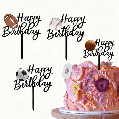 New Football Happy Birthday Cake Topper Decoration Basketball Tennis Rugby Acrylic Kids Party Gift Cake Toppers Baking Supplies