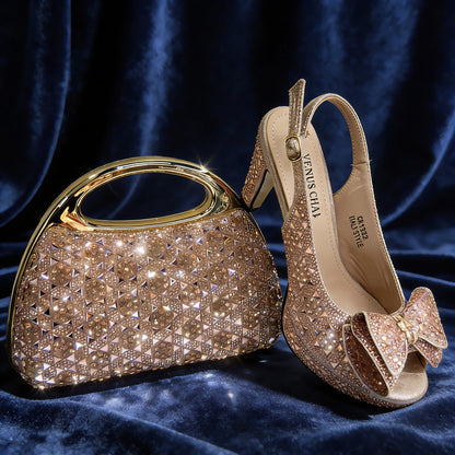 Venus Chan 2026 Elegant Women's Rhinestone Peep Toe High Heels Sandals - Italian Design with Matching Blue Handbag