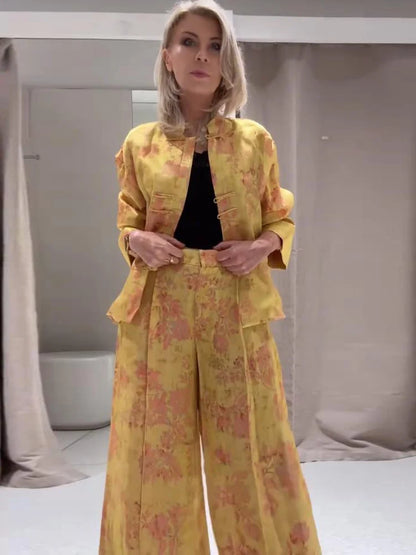 Fashion Women's Printed Button Top Long Pant Set Loose Stand Collar Full Sleeved Tops Wide Leg Pants 2026 Autumn Lady Suit New