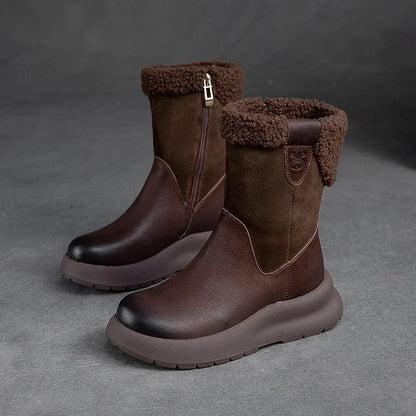 Koznoy 5cm Natural Genuine Leather Chunky Cow Spring Rubber Ankle Boots Soft Soled Winter Plush Flats Booties Autumn Women Shoes