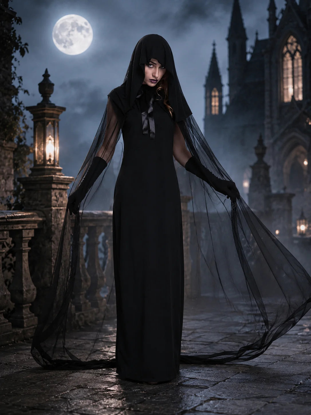 Hooded Sheer Mesh Cape Witch Costume for Women Sleeveless Black Long Maxi Robe with Long Gloves Halloween Ghost Vampire Cosplay Dark Spirit Carnival Fancy Dress Party Outfit