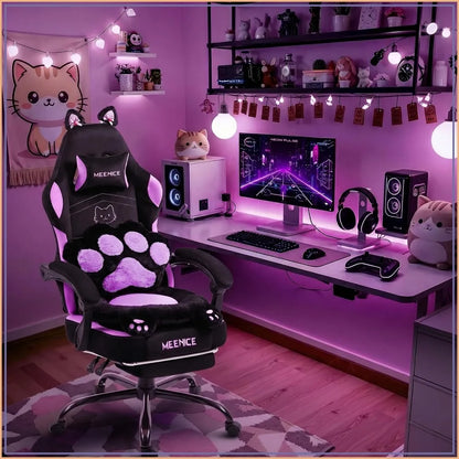 Pink Gaming Chair with Cat Ears, Ergonomic Reclining Computer Chair with Footrest, 300lbs Capacity