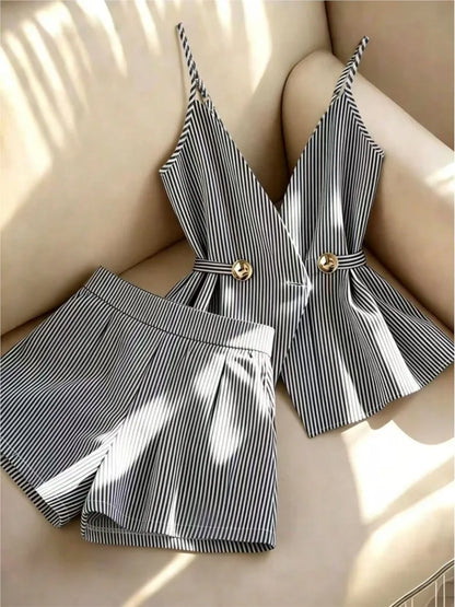 Women Striped 2 Piece Set V-neck Top Lace Up High Waist Pleated Wide Leg Shorts Summer Fashion Office Ladies Commuting Outfit
