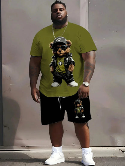 2026 Summer Men 2-Piece Set Fun Cartoon Bear Print Short-Sleeve T-Shirt and Shorts Set Sporty Style Plus Size Fashionable Outfit