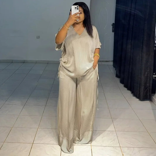 Pant Set Women Two Piece Sets V Neck Short Sleeve Drawstring Shirt Striped Wide Leg Long Pants Elastic Waist Y2k Streetwear 2026