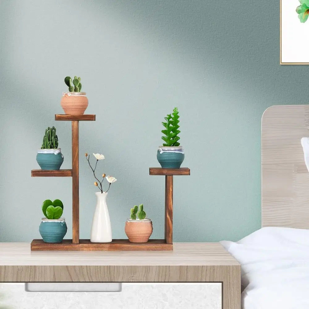 5-Tier Wooden Succulent Plant Stand for Home and Office, Compact Decorative Pot Rack for Living Room or Windowsill