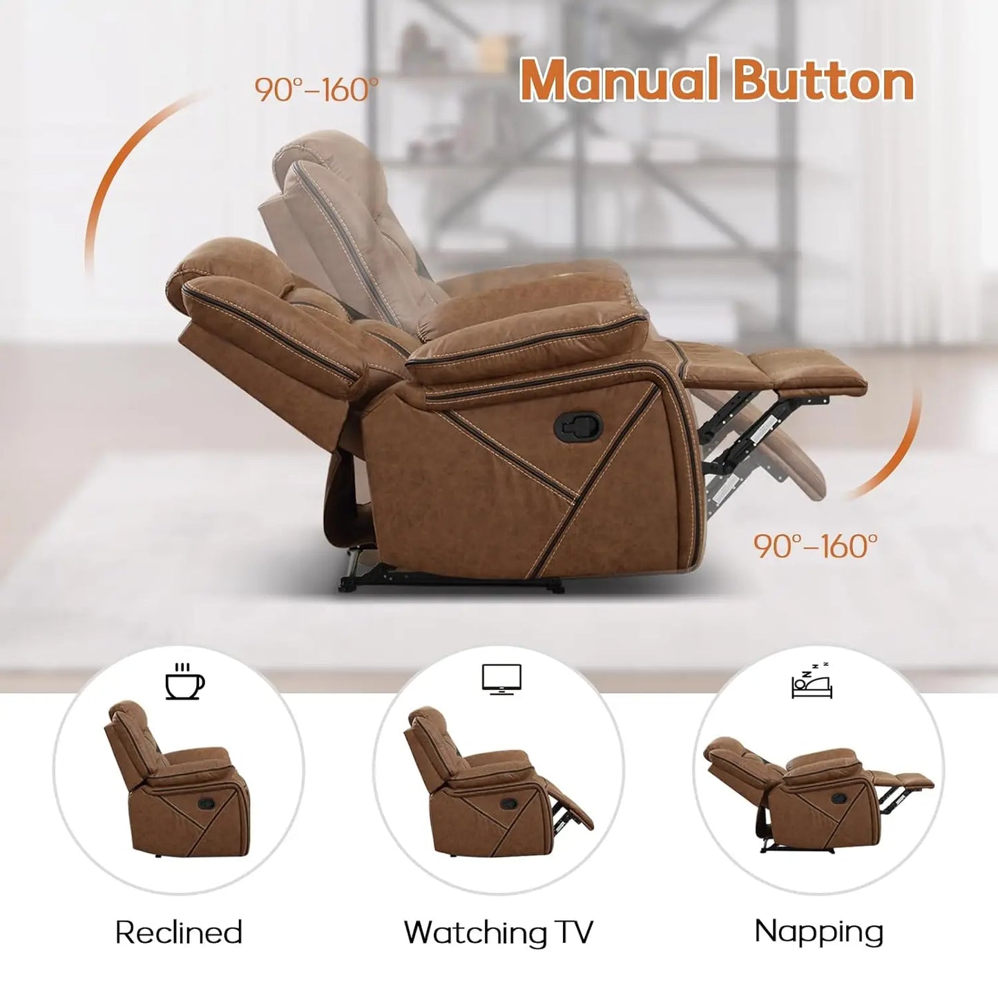 Faux Leather Manual Loveseat Recliner, 2 Seat Reclining Sofa Chair with Center Console, Hidden Storage and Cup Holders,, Custom