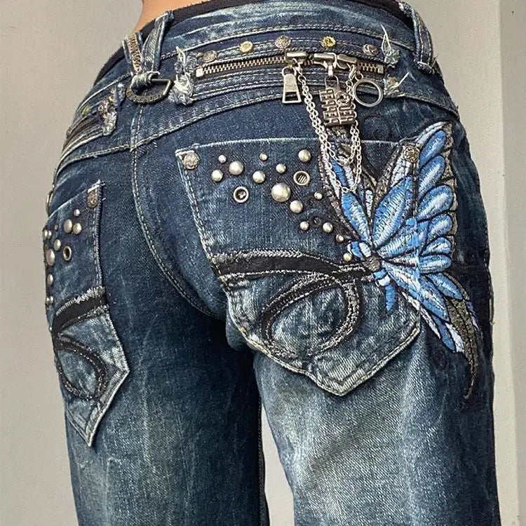 Embroidered Women Jeans Y2K Millennium Harajuku Slim Flared Jeans American Fashion High Street Large Size Butterfly