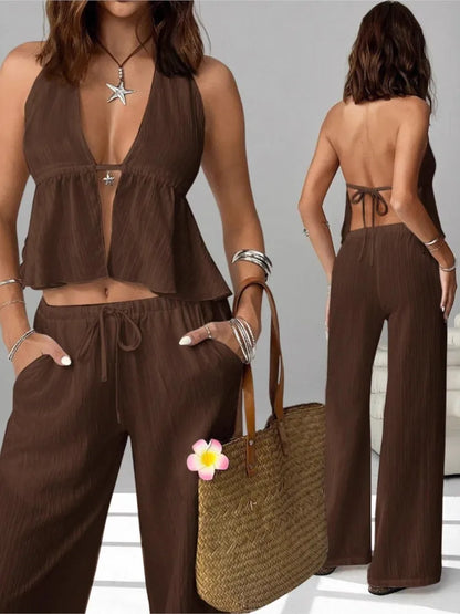 Fashion White Woman 2 Piece Set Outfit Spring And Summer Women's Halter Neck Strap Sexy Backless Sleeveless Vest Slim Suit